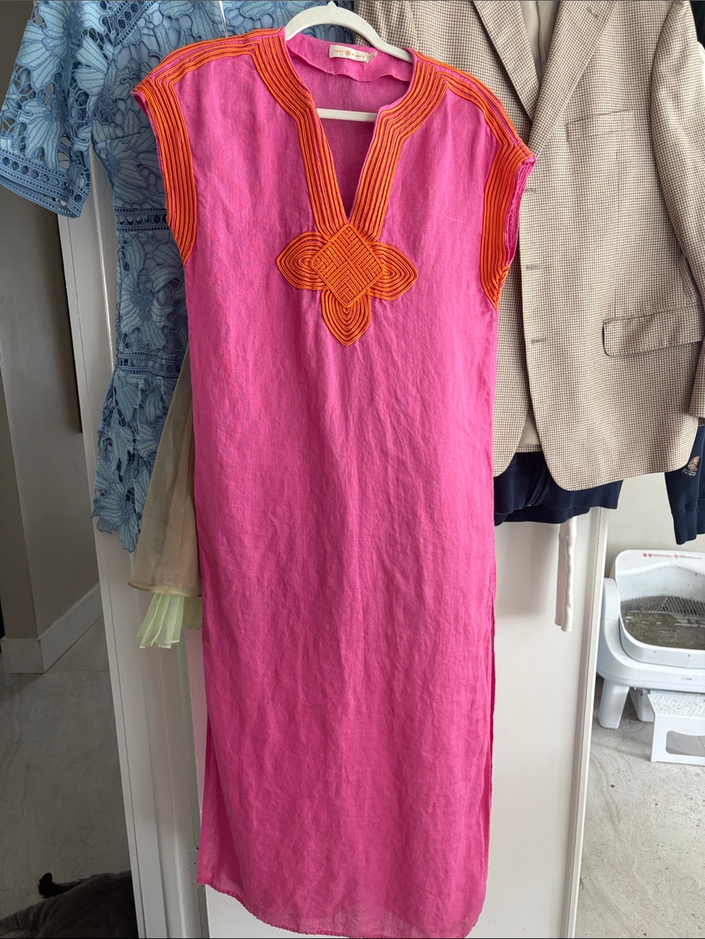 Tory Burch Caftan- Pink Linen Maxi Dress with Orange Trim- XS